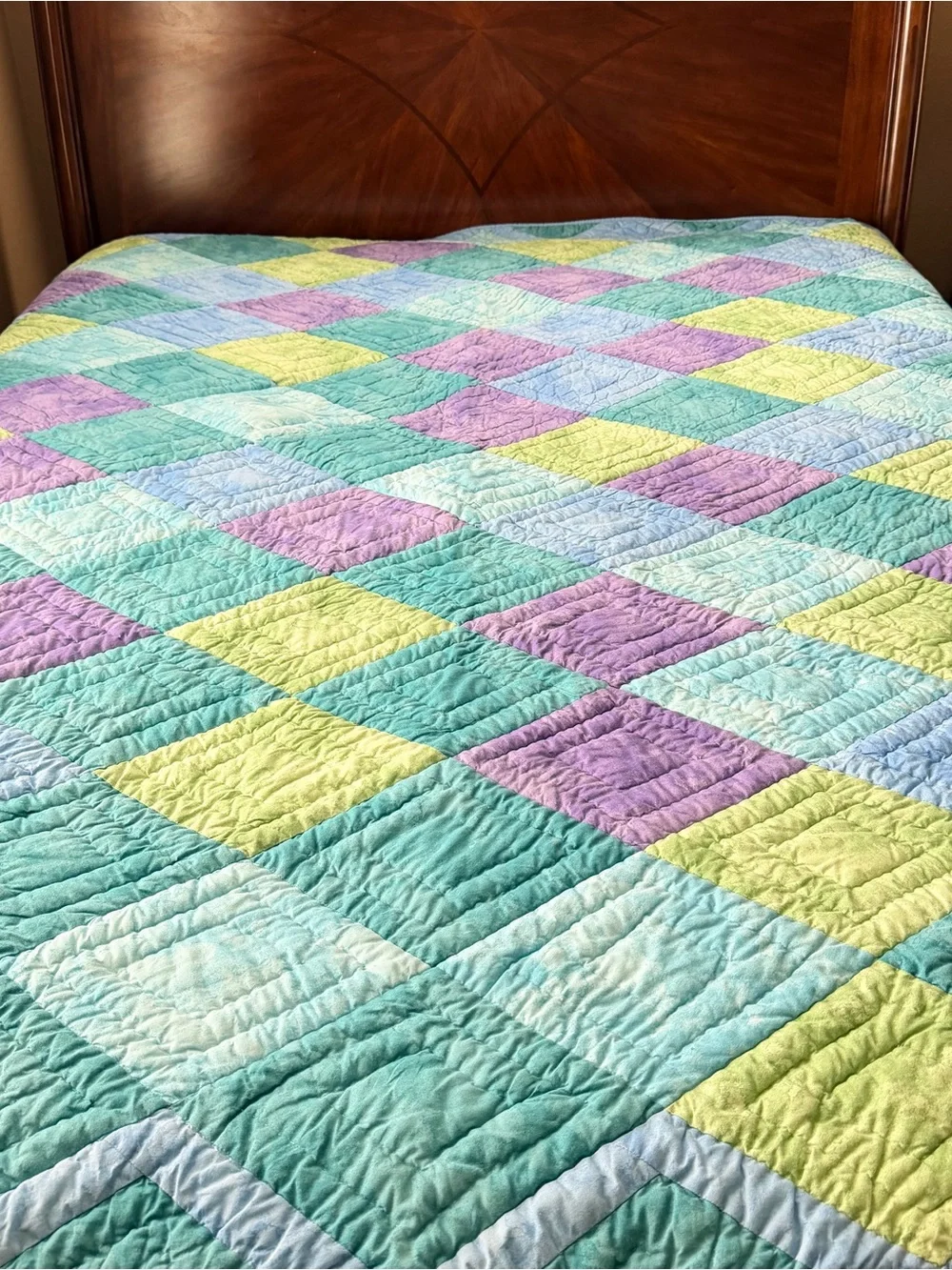 Vintage Pastel Patchwork Cotton  Queen Quilt – 85” x 90”